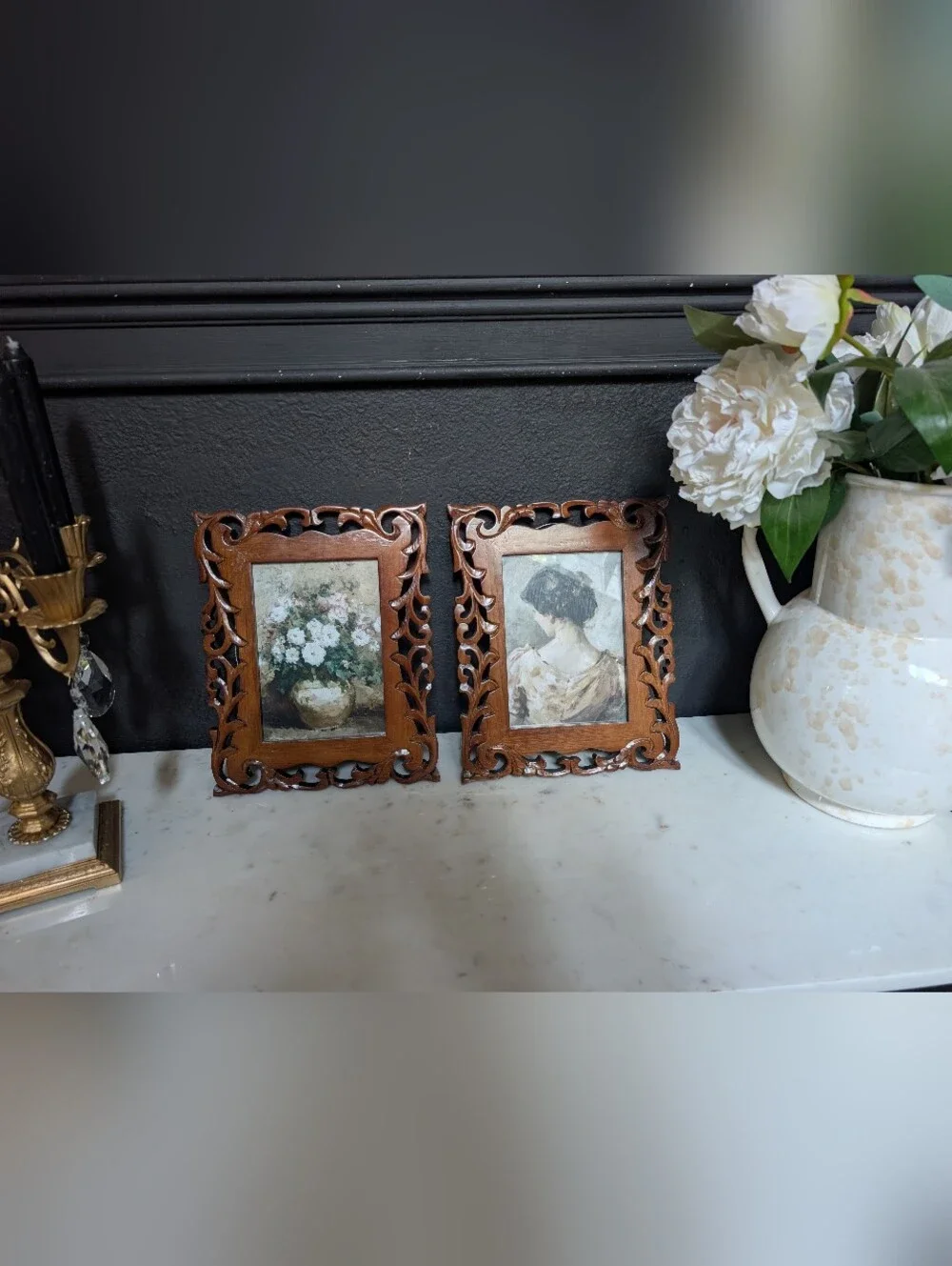 Vintage, Set of 2, Dark Walnut Ornate Carved Wood Frames w/ moody Prints